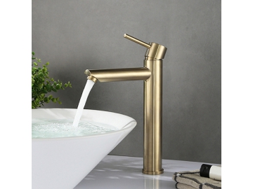 خلاط مغسلة طويل بمظهر ذهبي مصقول SW-BFS010(2)                     Brushed gold single handle tall vessel sink faucet